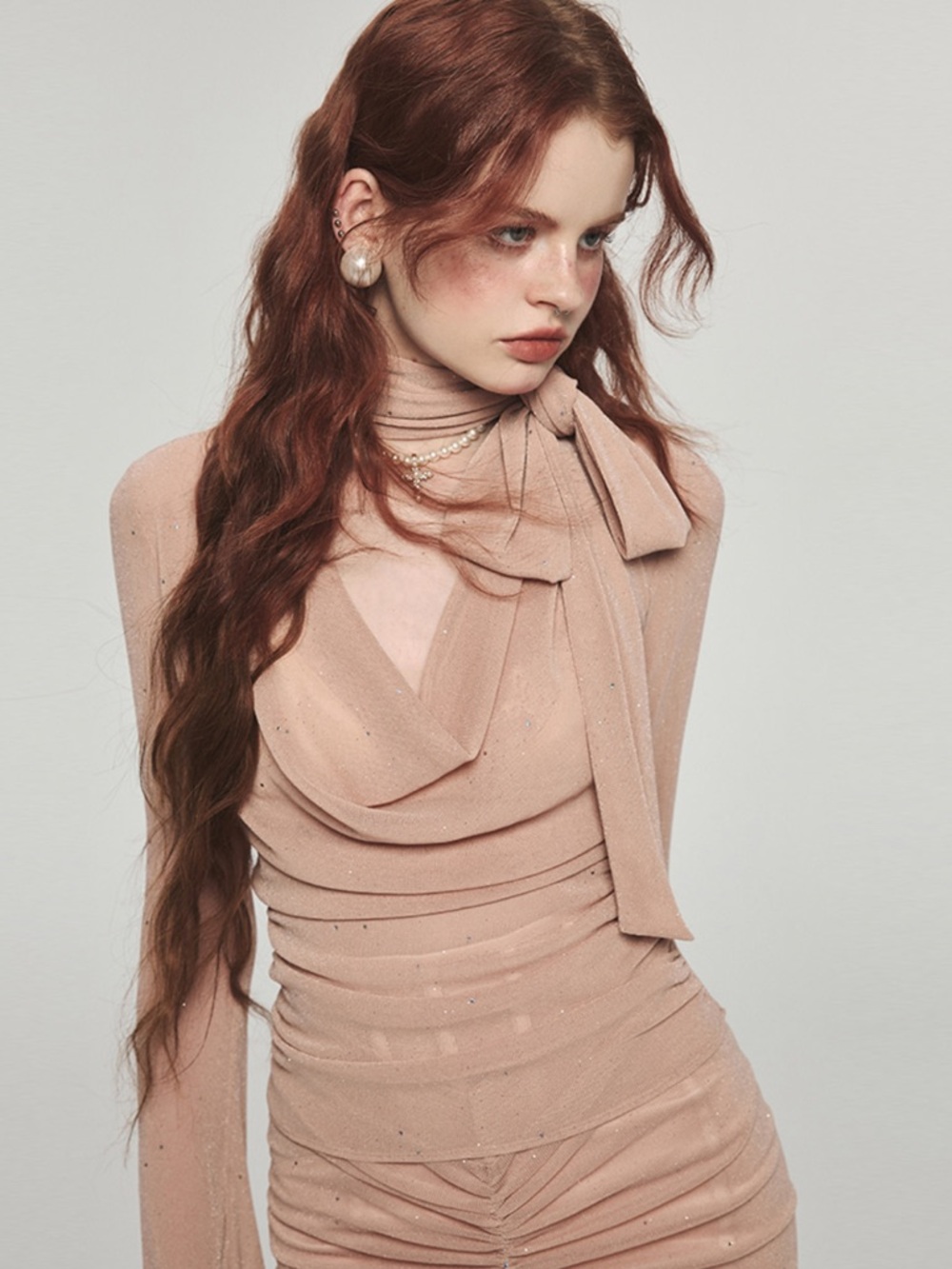 1JINN STUDIO Mesh Top in Nude with a Glitter Effect Finish